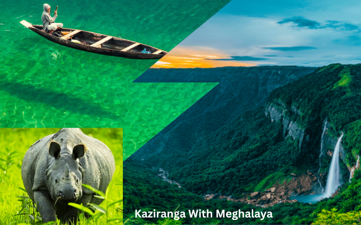 Kaziranga and Shillong combo tour package featuring Kaziranga National Park rhino, Shillong waterfalls, and Buddhist monastery.