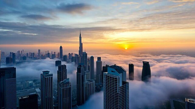 Dubai cityscape at sunrise with morning haze for short mini-break trip
