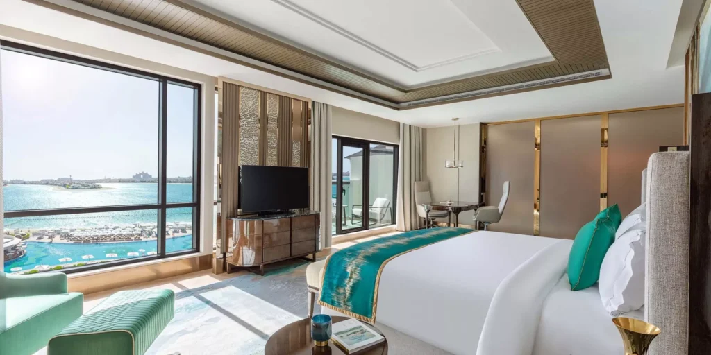Opulent luxury hotel suite in Dubai with city view