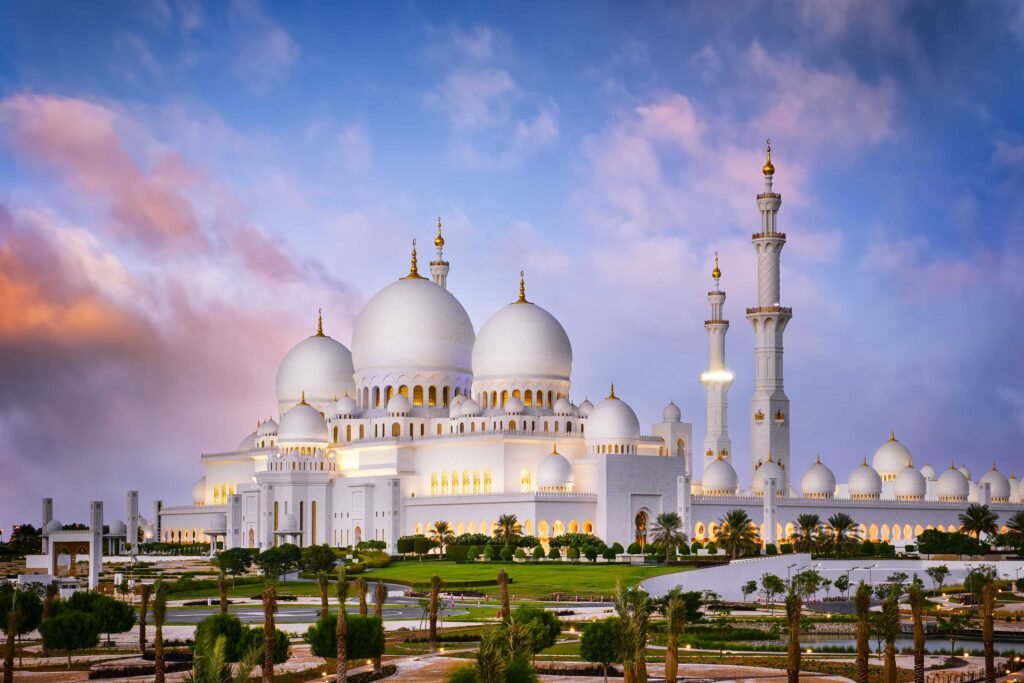 Majestic Sheikh Zayed Grand Mosque in Abu Dhabi with clear blue sky